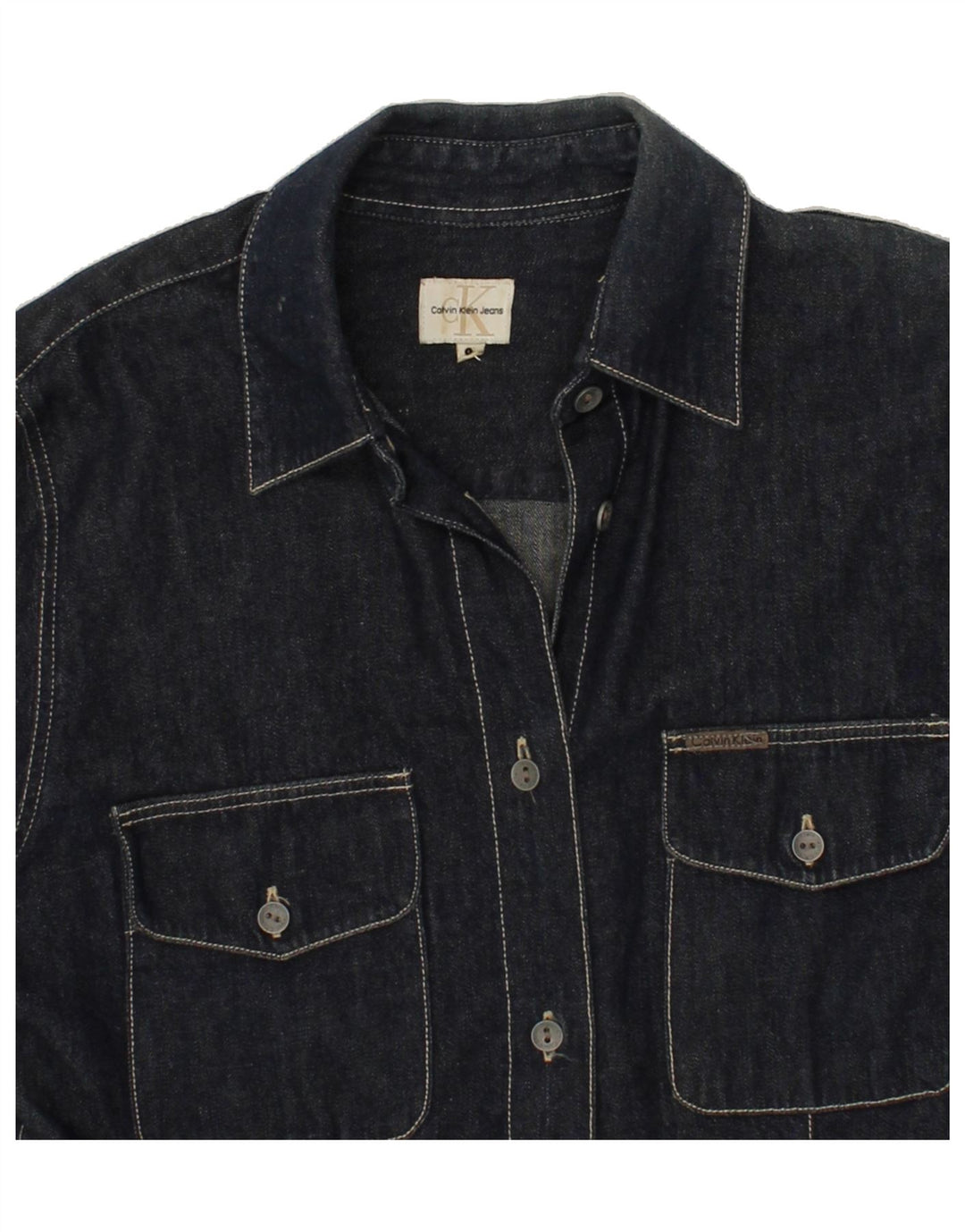 CALVIN KLEIN Womens Denim Shirt UK 10 Small Navy Blue Cotton Vintage Calvin Klein and Second-Hand Calvin Klein from Messina Hembry 
