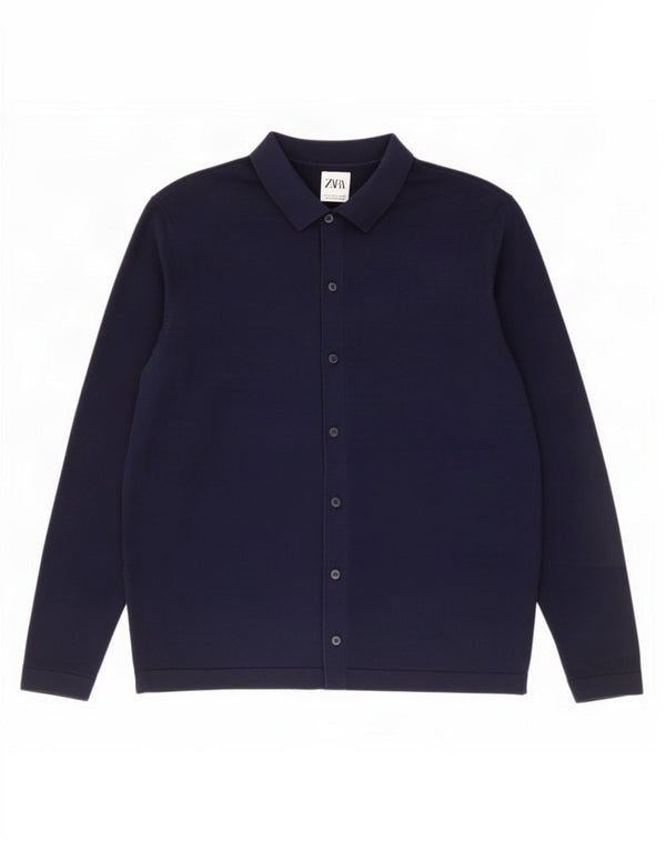 Zara Mens Cardigan Sweater Large Navy Blue Cotton