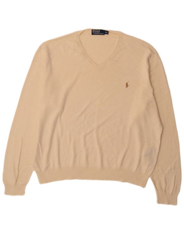 Polo Ralph Lauren Mens V-Neck Jumper Sweater 2XL Beige Cotton
