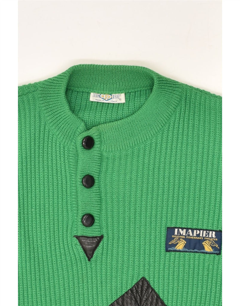 IMAPIER Mens Button Neck Jumper Sweater XL Green Geometric Wool | Vintage Imapier | Thrift | Second-Hand Imapier | Used Clothing | Messina Hembry 