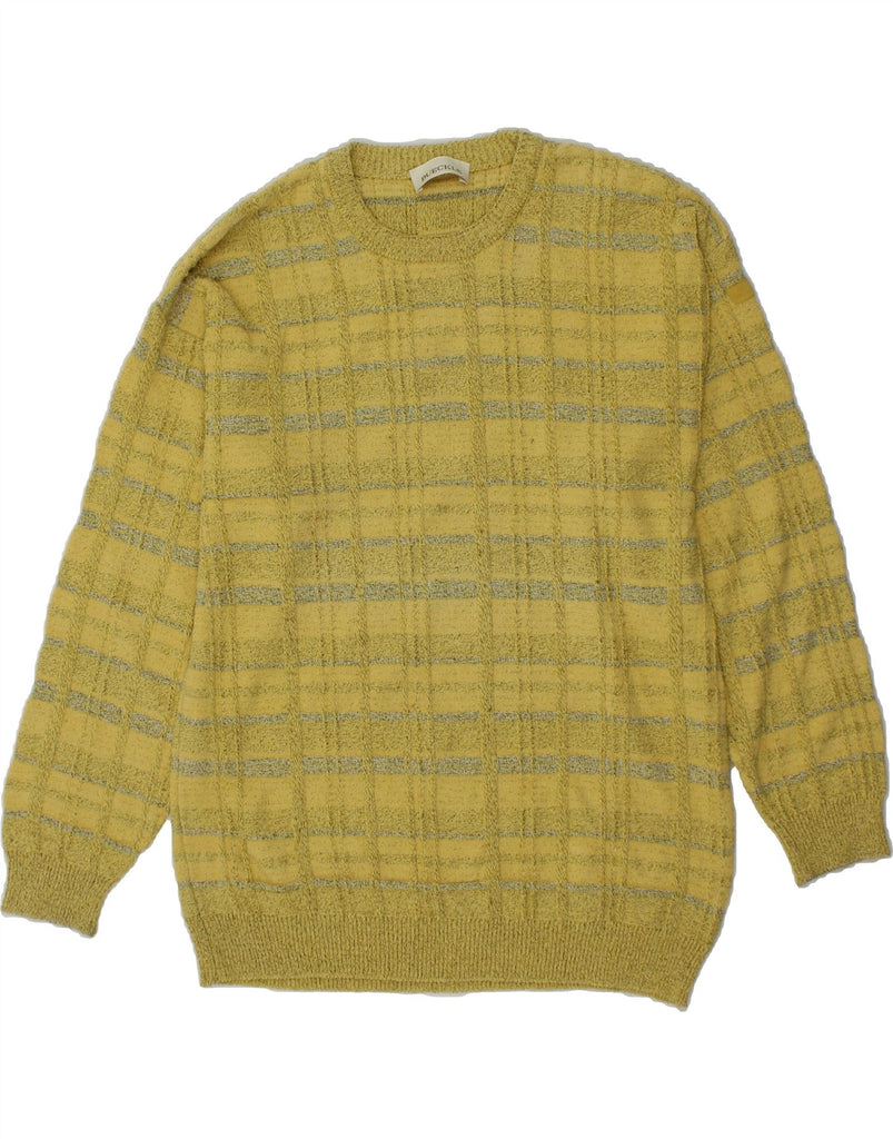 BUECKLE Mens Crew Neck Jumper Sweater Medium Yellow Check Polyester Vintage Bueckle and Second-Hand Bueckle from Messina Hembry 