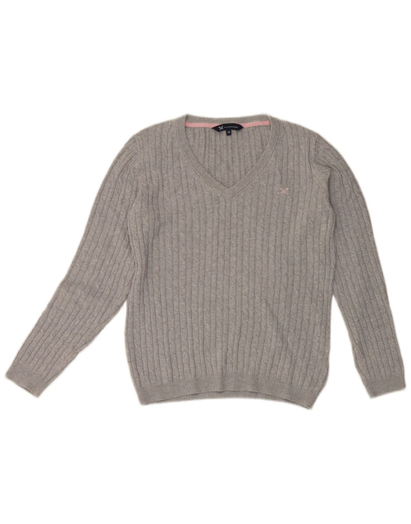 Crew Clothing Womens V-Neck Jumper Sweater UK 12 Medium Grey Cotton