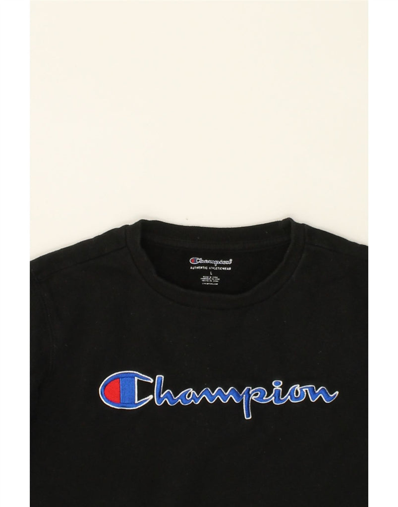 CHAMPION Girls Graphic Sweatshirt Jumper 14-15 Years Large Black Cotton | Vintage Champion | Thrift | Second-Hand Champion | Used Clothing | Messina Hembry 