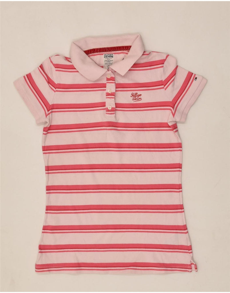 TOMMY HILFIGER Womens Polo Shirt UK 14 Large Pink Pinstripe Cotton | Vintage Tommy Hilfiger | Thrift | Second-Hand Tommy Hilfiger | Used Clothing | Messina Hembry 