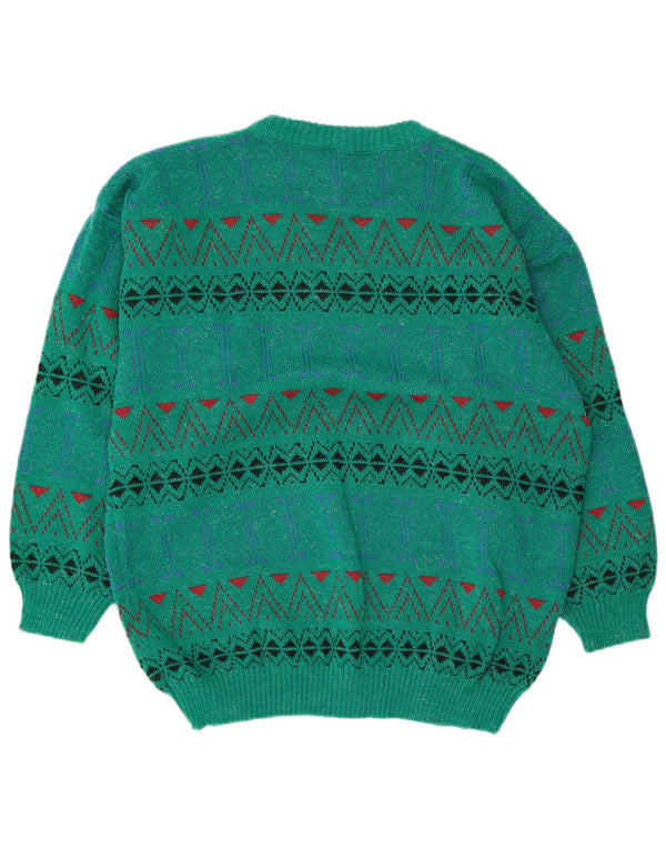 Vintage Mens Crew Neck Jumper Sweater Medium Green Geometric Acrylic