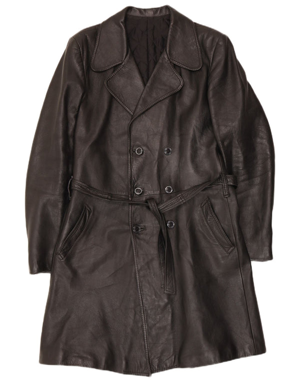 Vintage Mens Double Breasted Leather Coat UK 38 Medium Black
