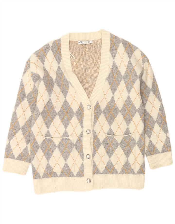 Zara Womens Oversized Cardigan Sweater UK 10 Small Off White Argyle/Diamond