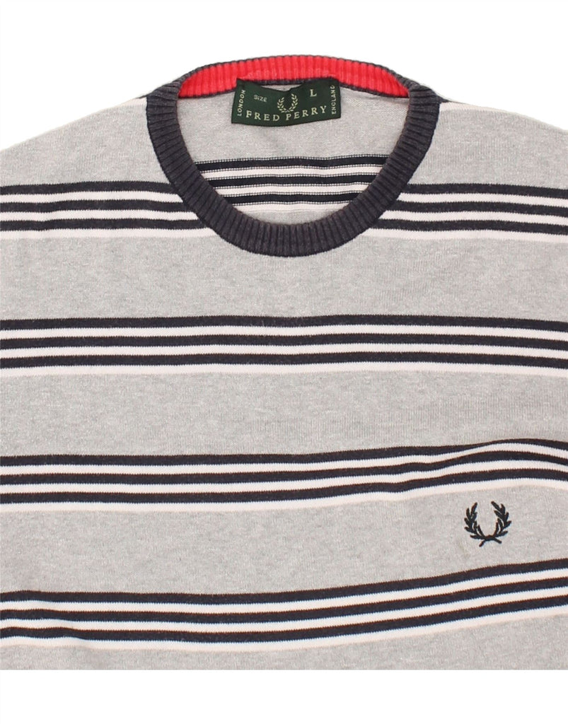 FRED PERRY Mens Crew Neck Jumper Sweater Large Grey Striped Cotton | Vintage Fred Perry | Thrift | Second-Hand Fred Perry | Used Clothing | Messina Hembry 
