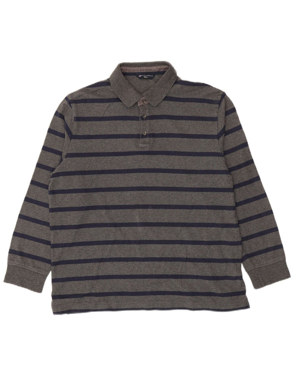 Marks & Spencer Mens Long Sleeve Polo Shirt Large Grey Striped Cotton