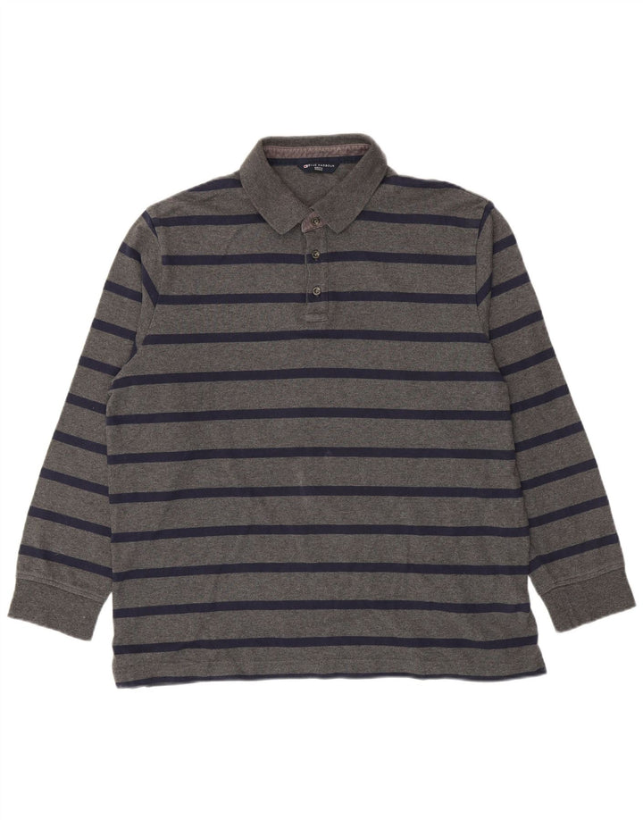 Marks & Spencer Mens Long Sleeve Polo Shirt Large Grey Striped Cotton