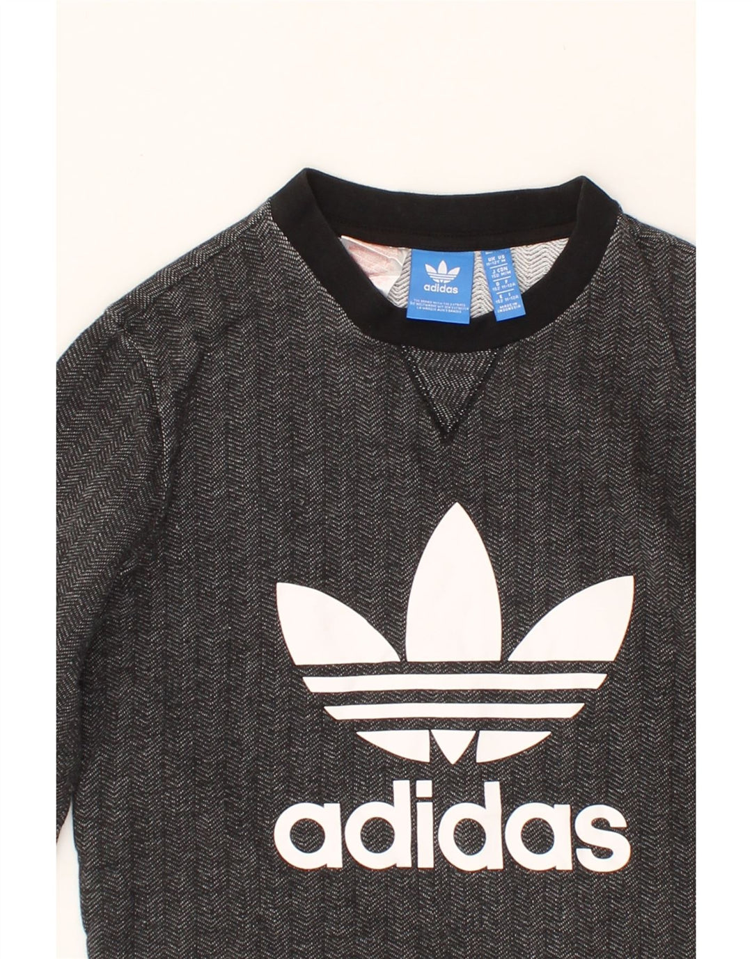ADIDAS Boys Graphic Sweatshirt Jumper 11-12 Years Black Herringbone Cotton Vintage Adidas and Second-Hand Adidas from Messina Hembry 