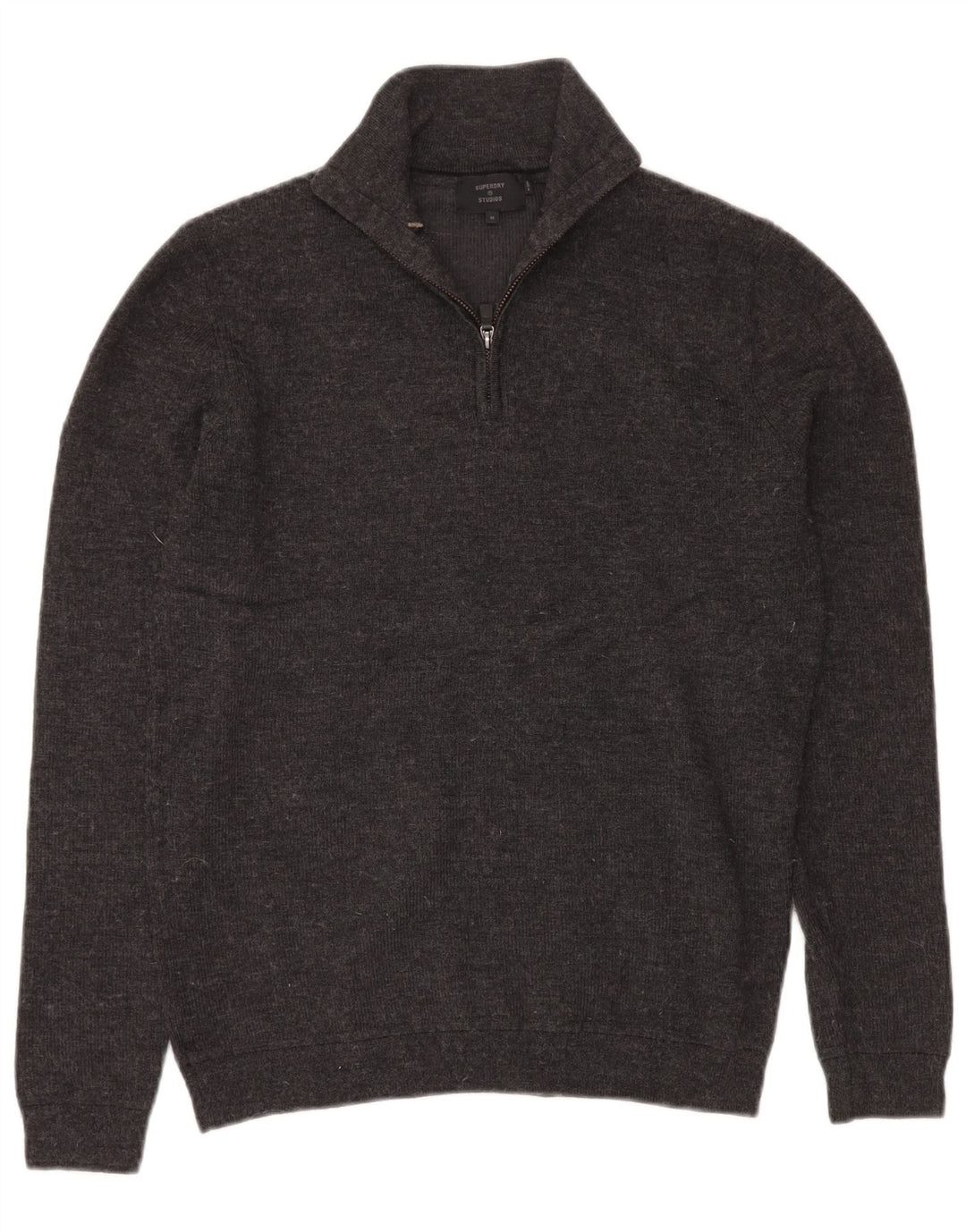 SUPERDRY Mens Zip Neck Jumper Sweater Medium Grey Merino Wool