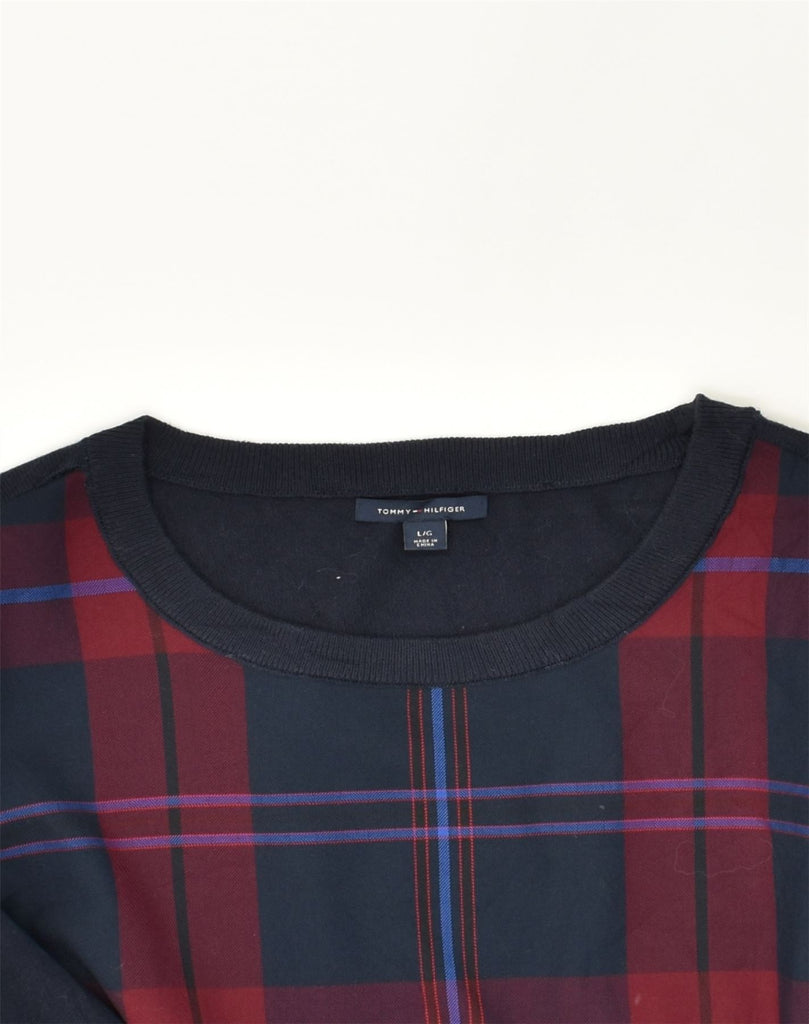 TOMMY HILFIGER Womens Sweatshirt Jumper UK 14 Large Navy Blue Check | Vintage Tommy Hilfiger | Thrift | Second-Hand Tommy Hilfiger | Used Clothing | Messina Hembry 