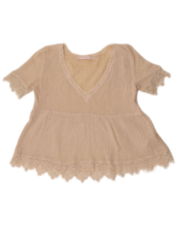 Zara Womens Trafaluc Crop Crochet Blouse Top UK 6 XS Beige Cotton