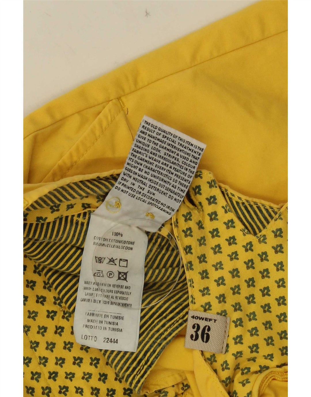 40Weft Mens Chino Shorts W36 Large  Yellow Cotton