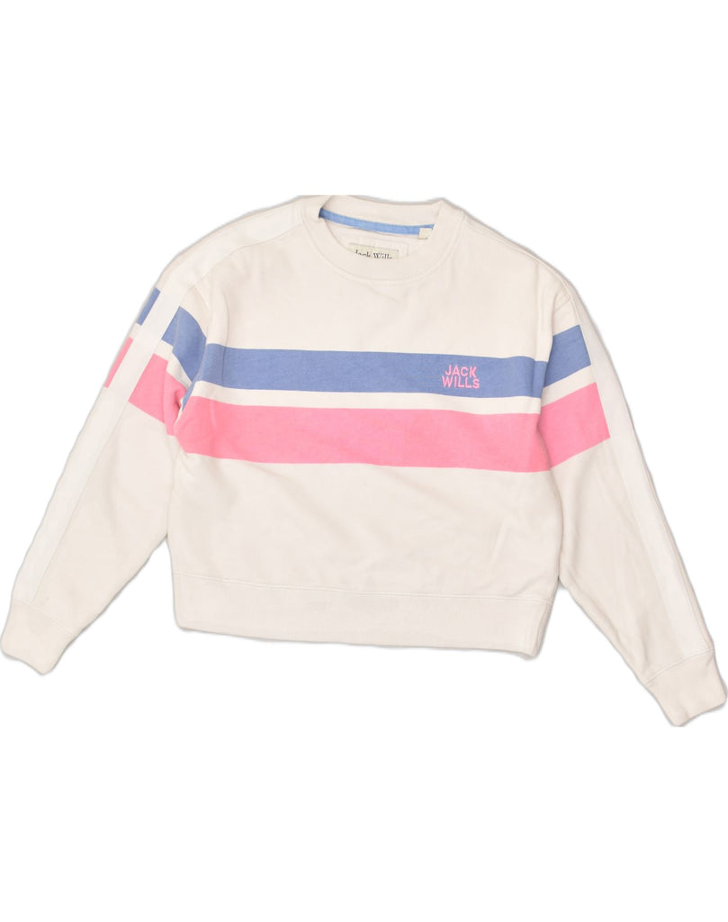 JACK WILLS Womens Crop Sweatshirt Jumper UK 10 Small White Striped Cotton | Vintage Jack Wills | Thrift | Second-Hand Jack Wills | Used Clothing | Messina Hembry 