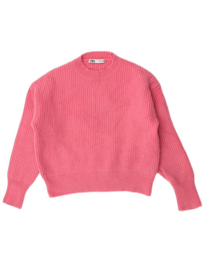 Zara Womens Crop Crew Neck Jumper Sweater UK 14 Medium Pink Wool