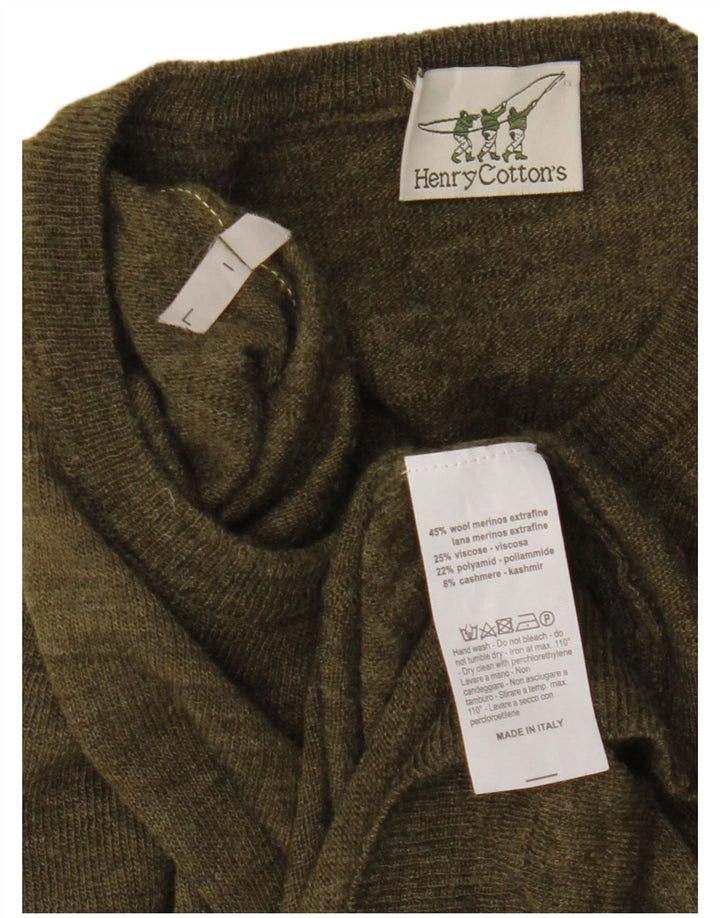 Henry Cottons Mens Crew Neck Jumper Sweater Large Khaki Wool