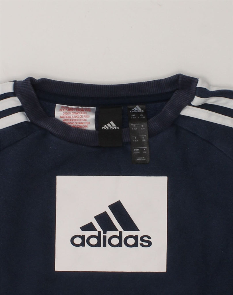 ADIDAS Boys Graphic Sweatshirt Jumper 7-8 Years Navy Blue Cotton | Vintage Adidas | Thrift | Second-Hand Adidas | Used Clothing | Messina Hembry 