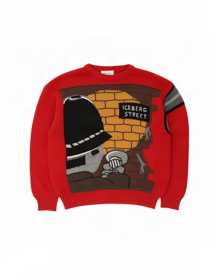 Iceberg Mens Graphic Crew Neck Jumper Sweater Medium Red Wool