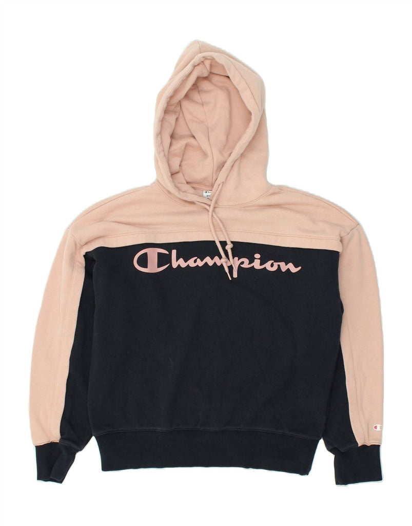 CHAMPION Womens Graphic Hoodie Jumper UK 14 Medium Beige Colourblock | Vintage Champion | Thrift | Second-Hand Champion | Used Clothing | Messina Hembry 