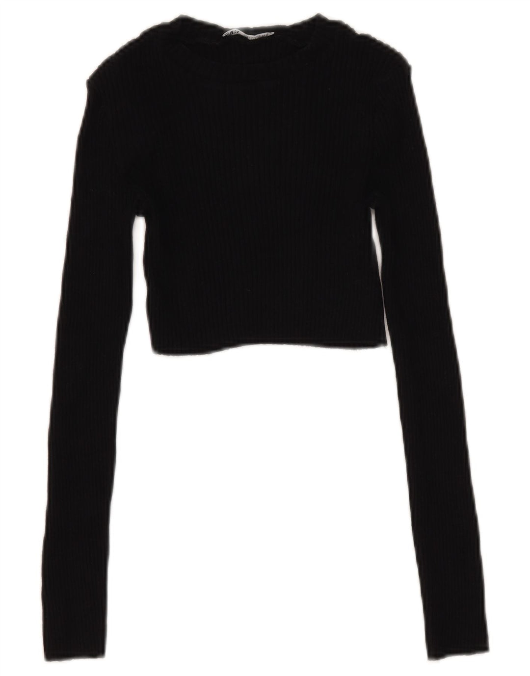 Zara Womens Crop Top Long Sleeve UK 8 Small Black Cotton