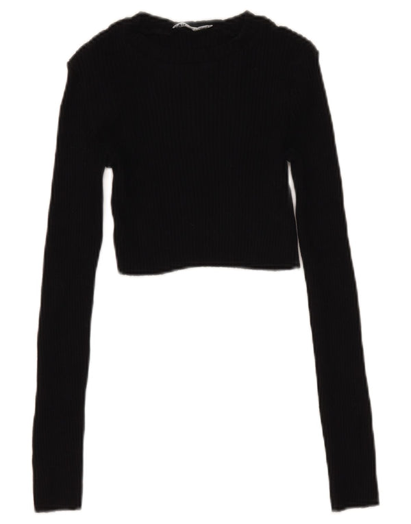 Zara Womens Crop Top Long Sleeve UK 8 Small Black Cotton