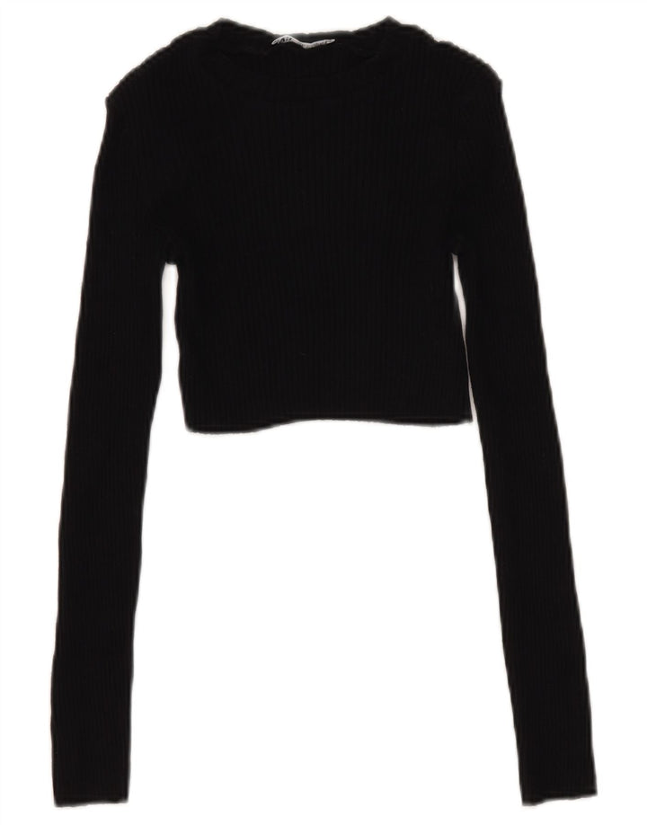 Zara Womens Crop Top Long Sleeve UK 8 Small Black Cotton
