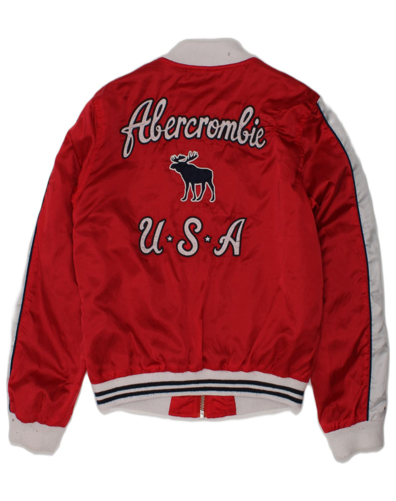 ABERCROMBIE & FITCH Girls Graphic Varsity Jacket 9-10 Years Red Nylon | Vintage Abercrombie & Fitch | Thrift | Second-Hand Abercrombie & Fitch | Used Clothing | Messina Hembry 