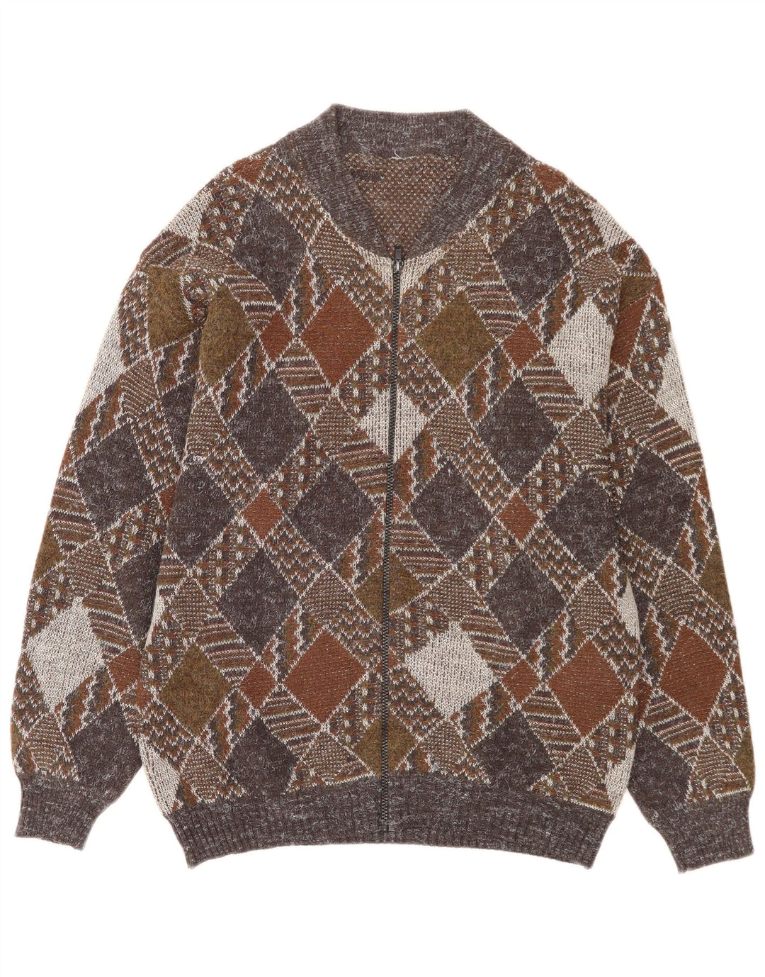 Vintage Mens Full Zip Cardigan Sweater Medium Multicoloured Argyle/Diamond