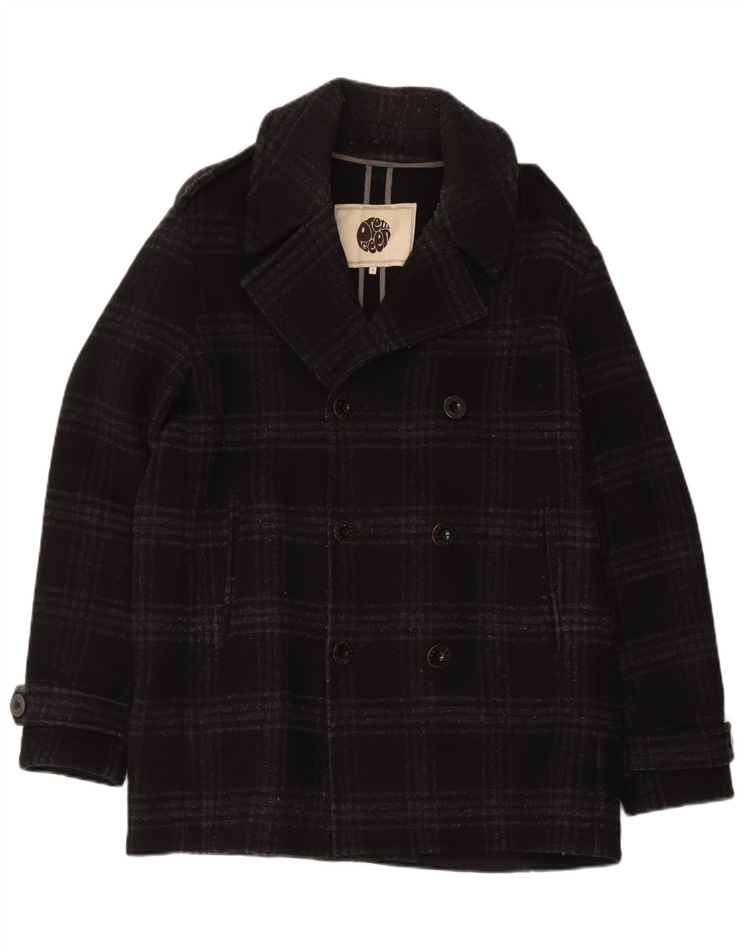 Pretty Green Mens Pea Coat UK 40 Large Black Check Wool