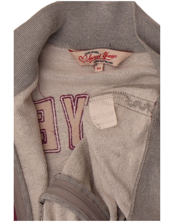 Sweet Years Womens Graphic Tracksuit Top Jacket UK 12 Medium Grey Cotton