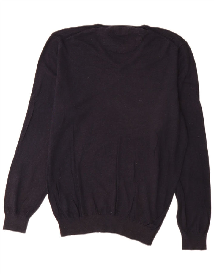 Massimo Dutti Mens V-Neck Jumper Sweater Large Navy Blue Cotton