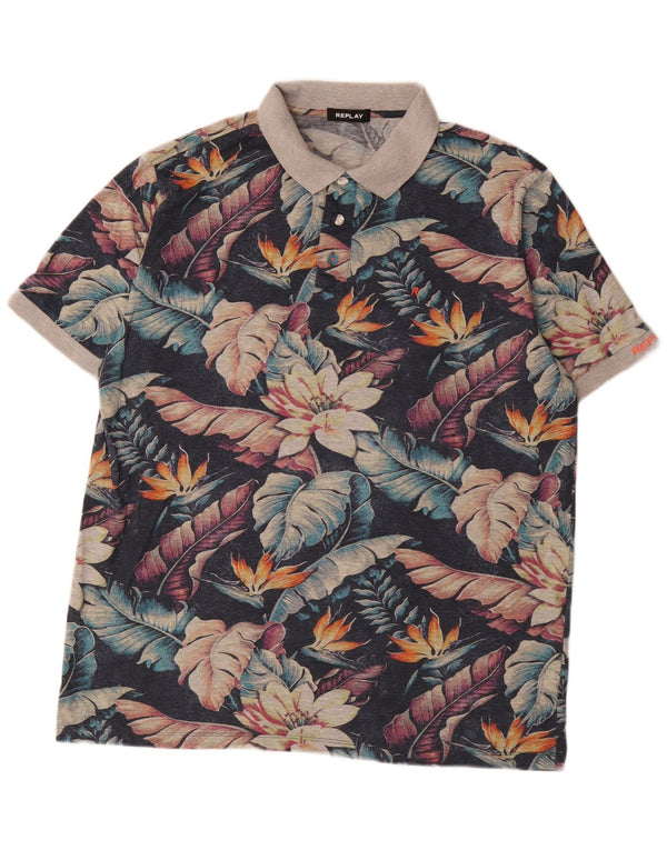 Replay Mens Graphic Polo Shirt 4XL Navy Blue Floral Cotton