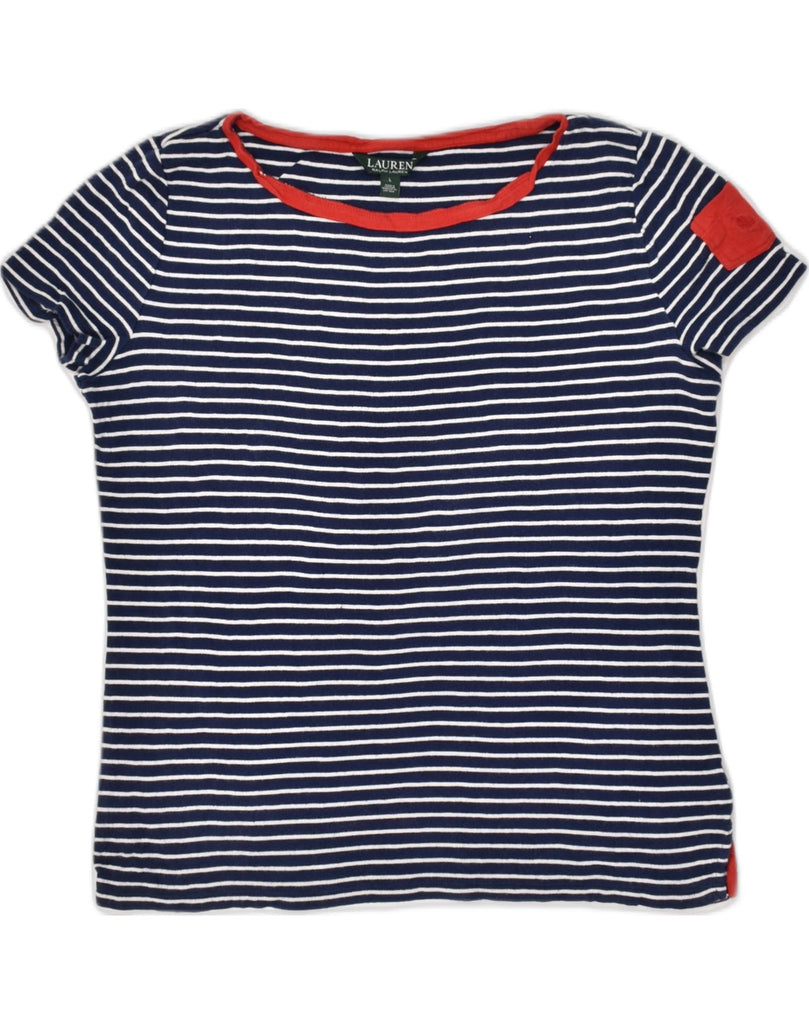 RALPH LAUREN Womens T-Shirt Top UK 14 Large Navy Blue Striped Cotton | Vintage Ralph Lauren | Thrift | Second-Hand Ralph Lauren | Used Clothing | Messina Hembry 