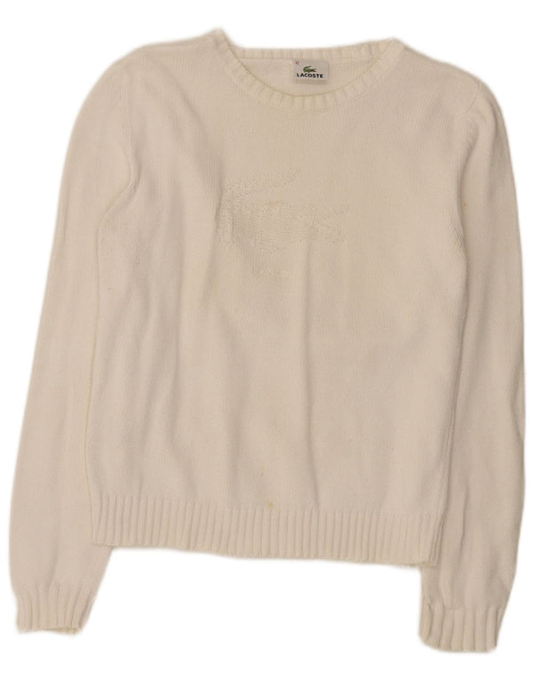 Lacoste Womens Graphic Boat Neck Jumper Sweater Size 42 Large White Cotton