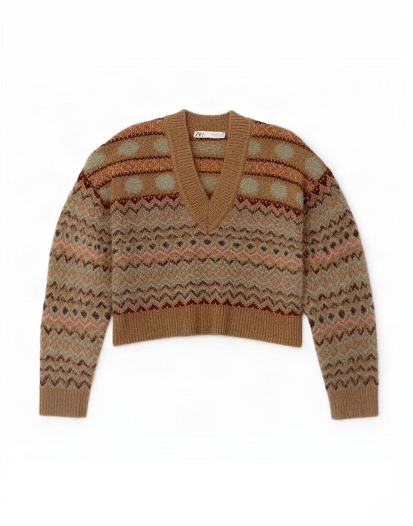 Zara Womens Crop V-Neck Jumper Sweater UK 14 Medium Beige Fair Isle