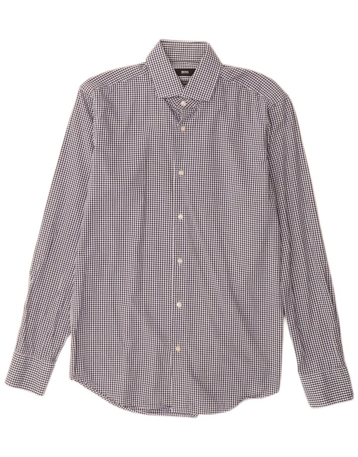 Hugo Boss Mens Regular Fit Shirt Size 38 15 Medium Navy Blue Gingham Cotton