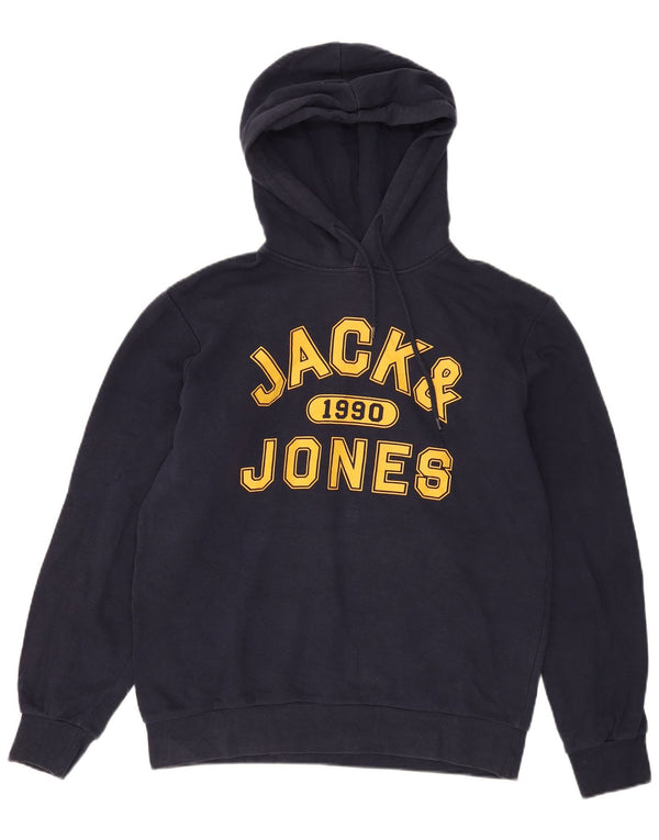 Jack & Jones Mens Graphic Hoodie Jumper Large Navy Blue Cotton