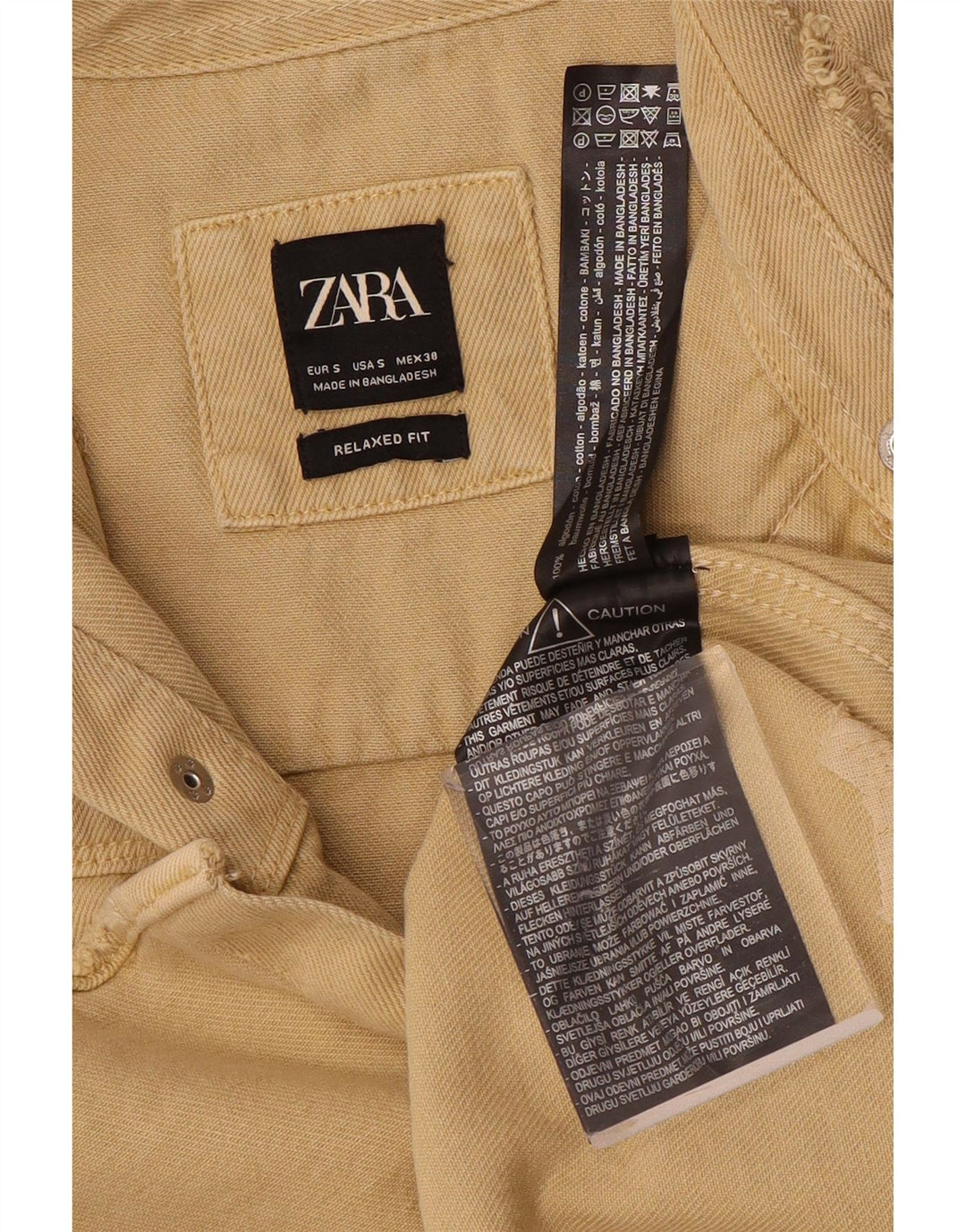 Zara Mens Distressed Relaxed Fit Denim Shirt Small Beige Cotton