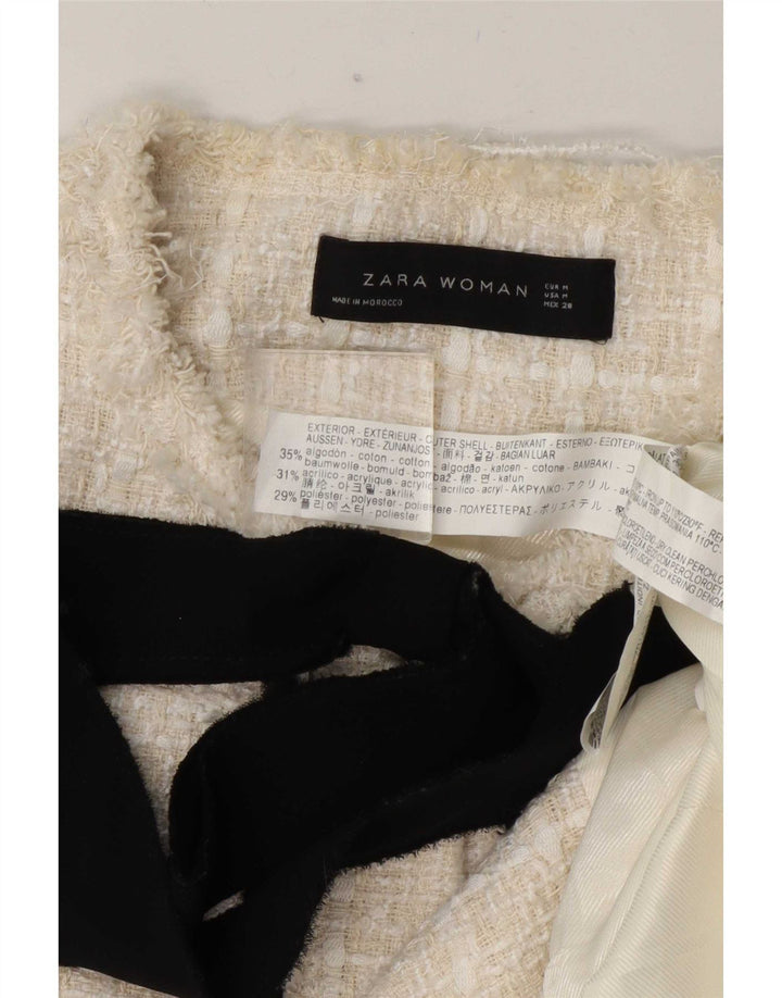 Zara Womens Longline 3 Button Blazer Jacket UK 12 Medium White Check Cotton