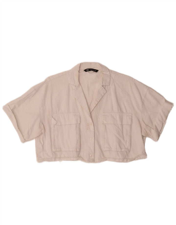 Zara Womens Oversized Crop Short Sleeve Shirt Blouse UK 14 Medium White