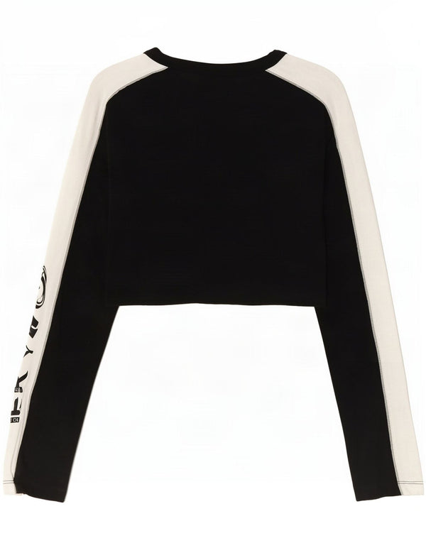 Adidas Womens Crop Graphic Top Long Sleeve UK 6 XS Black Colourblock Cotton