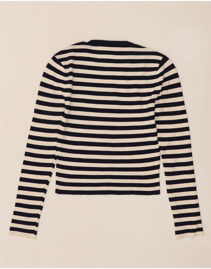 ZARA Womens Crop Top Long Sleeve UK 12 Medium Navy Blue Striped Polyamide