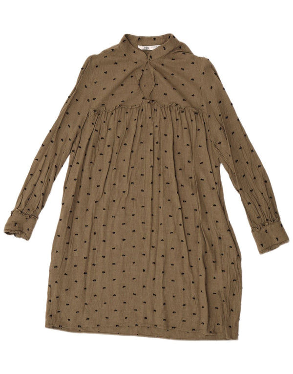 Zara Womens Long Sleeve A-Line Dress UK 6 XS Khaki Spotted