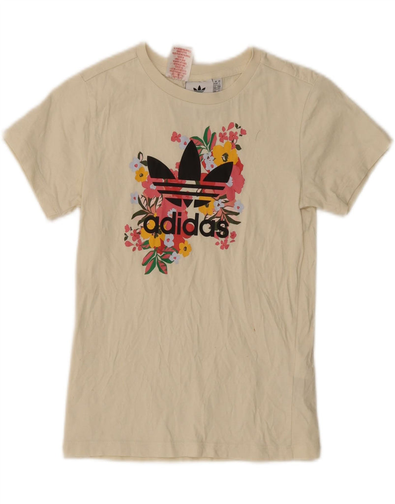 ADIDAS Girls Graphic T-Shirt Top 9-10 Years Off White Floral Cotton Vintage Adidas and Second-Hand Adidas from Messina Hembry 