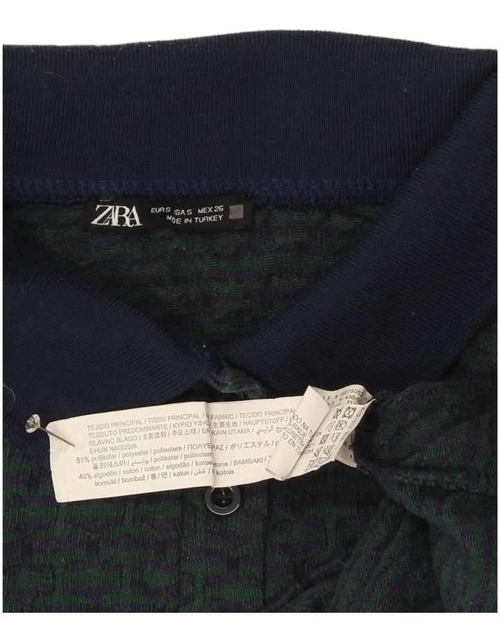 Zara Womens Polo Shirt UK 10 Small Navy Blue Geometric Polyester