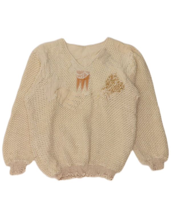 Vintage Womens Boat Neck Jumper Sweater UK 16 Large Beige Cotton