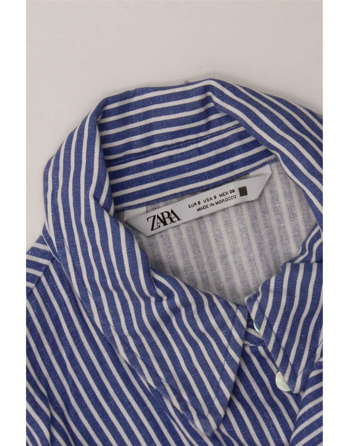 Zara Womens Front Tie Crop Shirt Blouse UK 10 Small Blue Striped