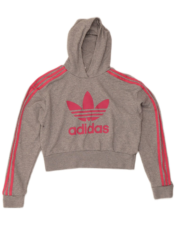 Adidas Girls Graphic Crop Hoodie Jumper 13-14 Years Grey Cotton Sports